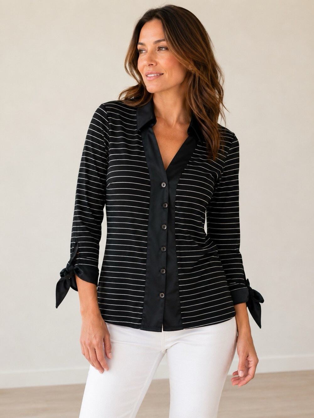 Rayure Top Women size FR 36 US 6 Navy Striped V Neck 3/4 Tie Sleeves